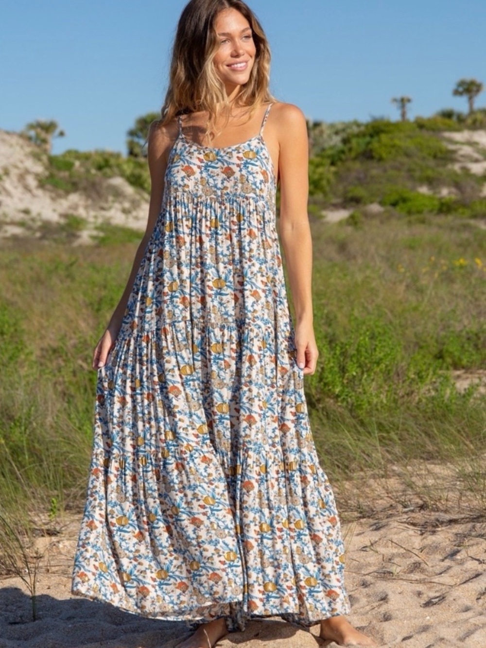 Natural Life Bohemian Madi Long Maxi Slip Dress Cream Tan Peony Floral Large